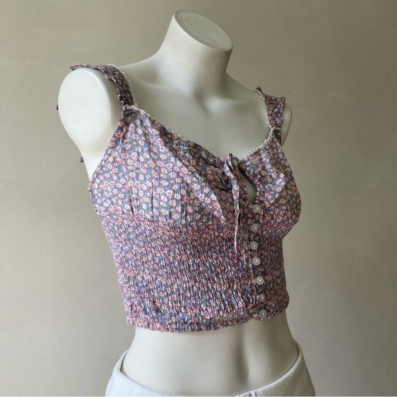 Sim & Sam | Floral Button Tie Smocked Ruffled Crop Tank - Picture 2 of 6